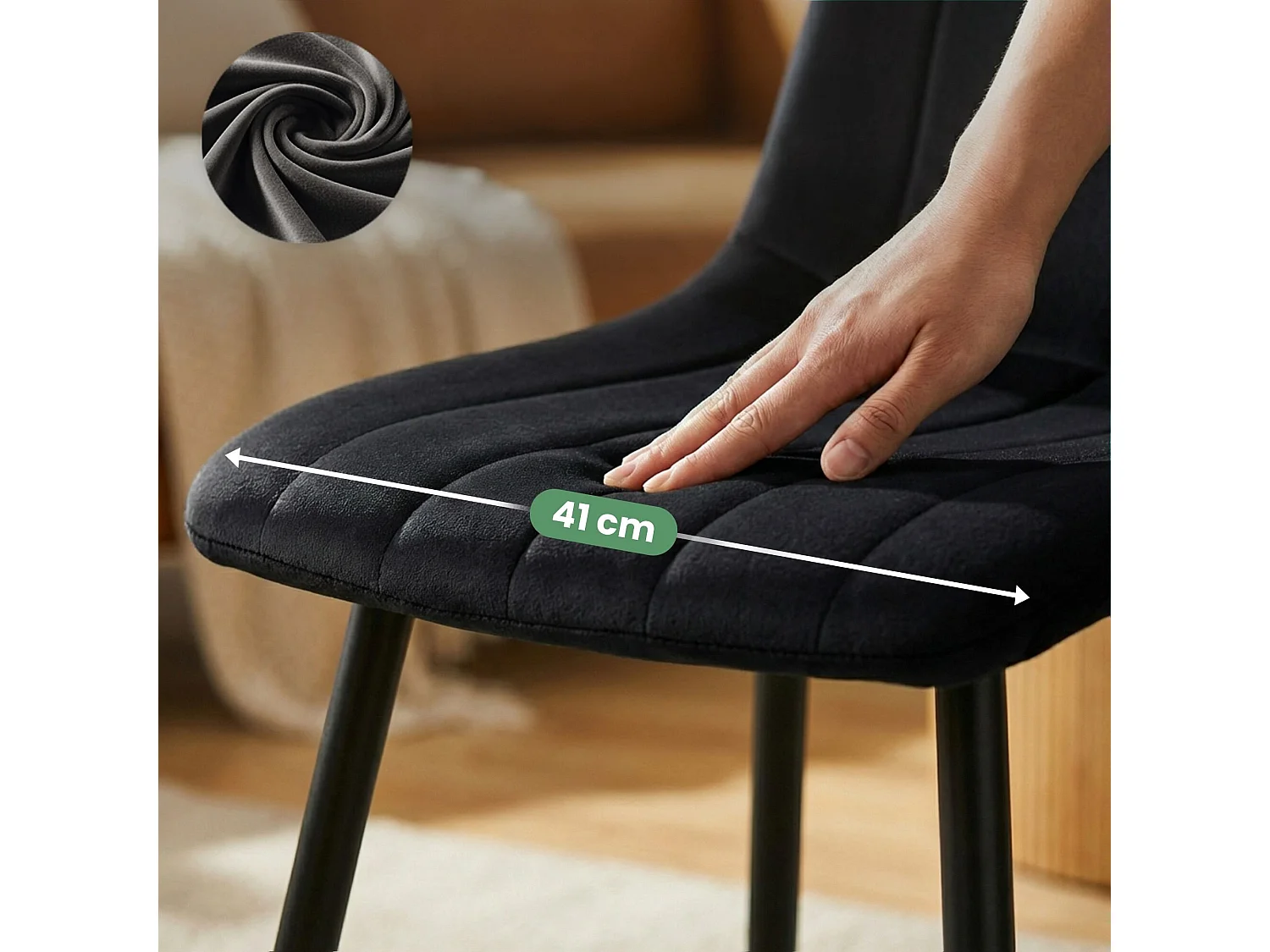 Cadeira de veludo acolchoada LIVO Preta pernas pretas