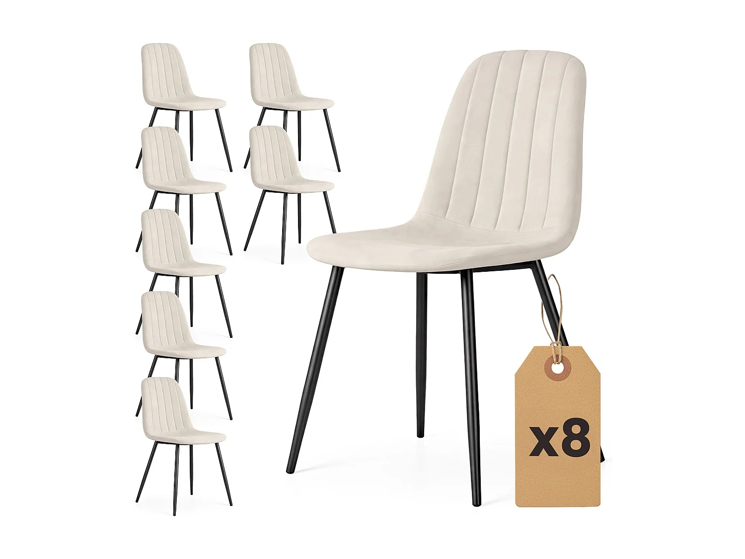 8er Set Samt-Polsterstühle, gesteppt LUMO Beige mit schwarzen Beinen