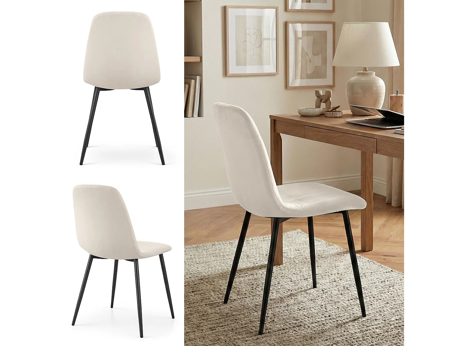 Lot de 8 Chaises en velours matelassées LUMO Beige pieds noirs