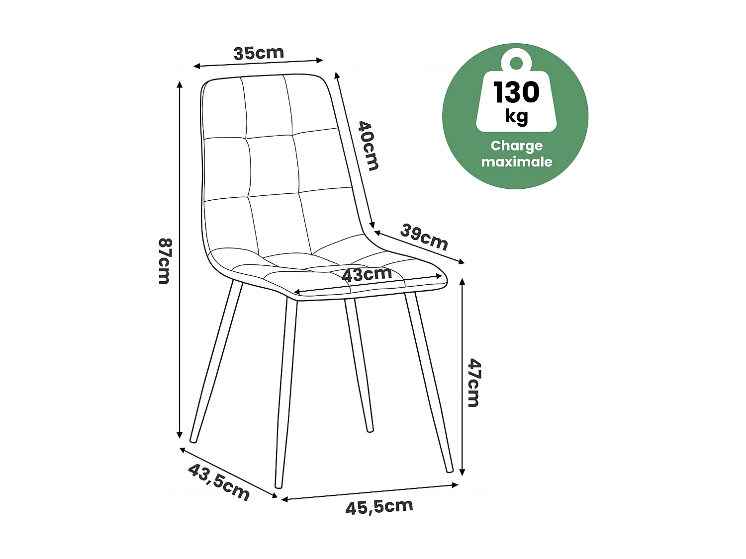 Lot de 8 Chaises en velours matelassées NERO Beige pieds noirs