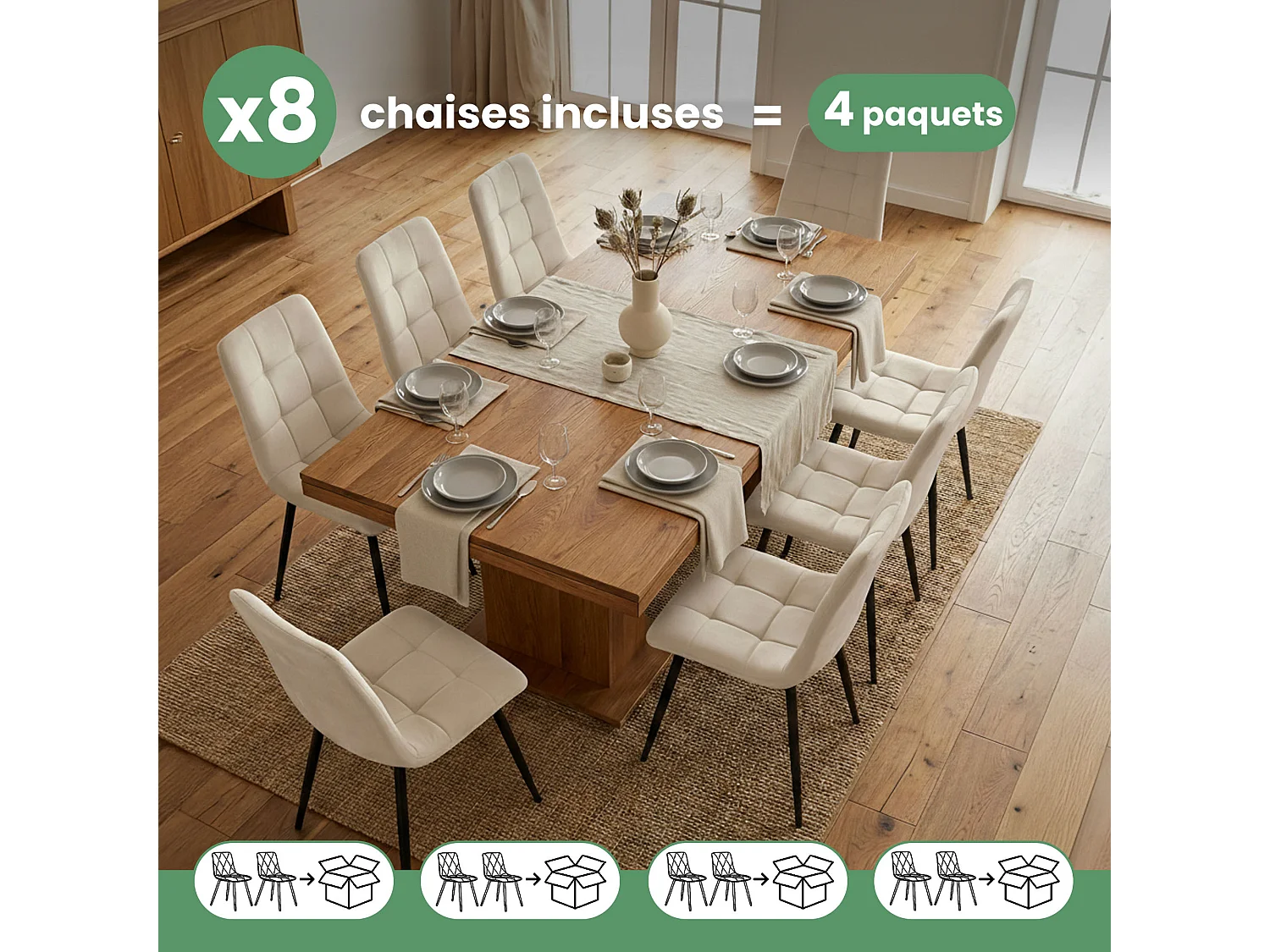 Lot de 8 Chaises en velours matelassées NERO Beige pieds noirs