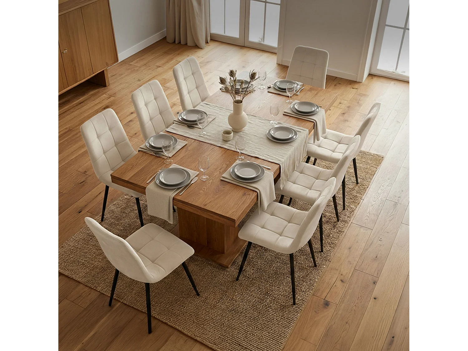 Conjunto de 8 Cadeiras estofadas NERO Bege com pernas pretas