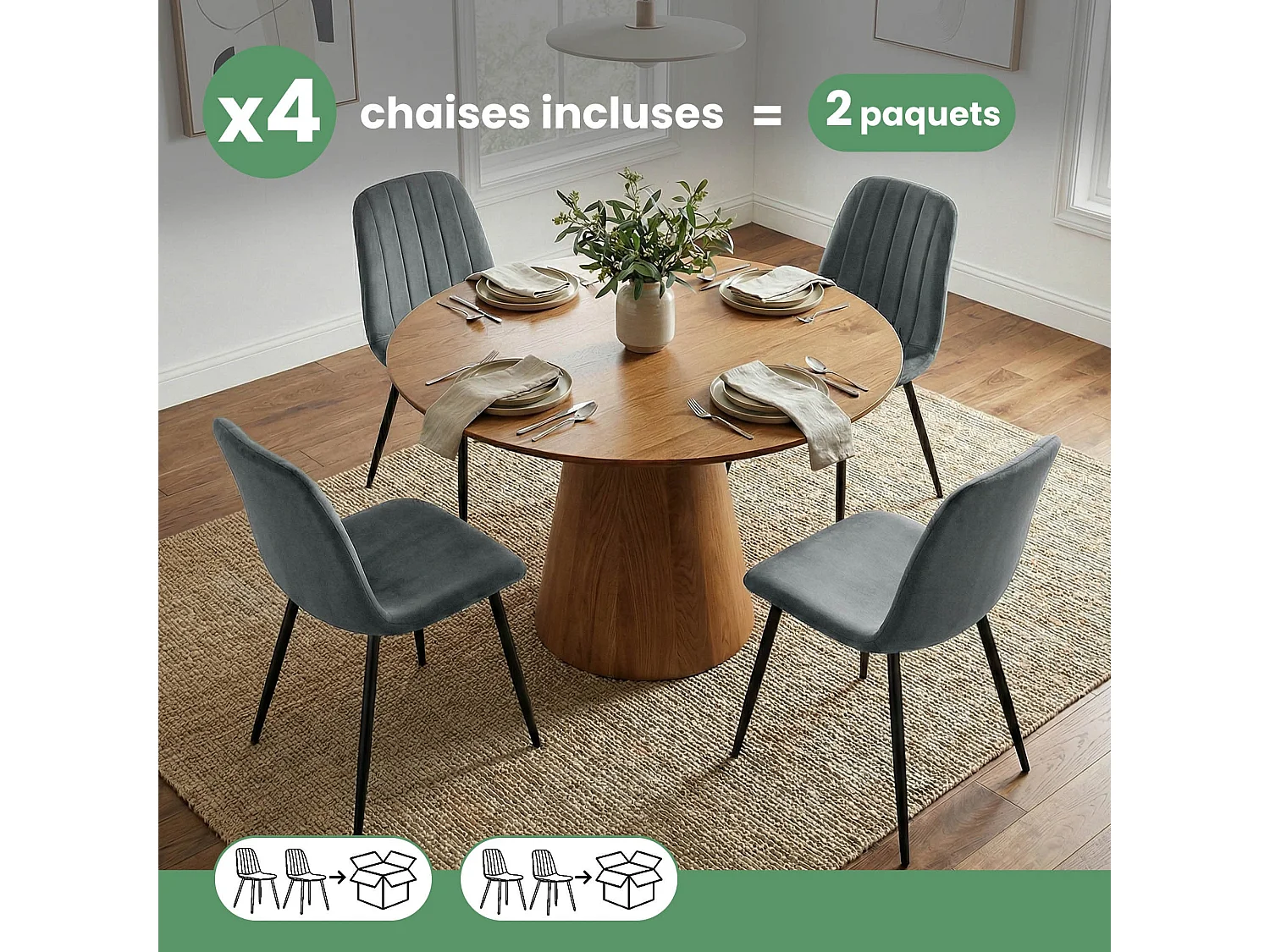 4er Set Samt-Polsterstühle, gesteppt LUMO Dunkelgrau mit schwarzen Beinen