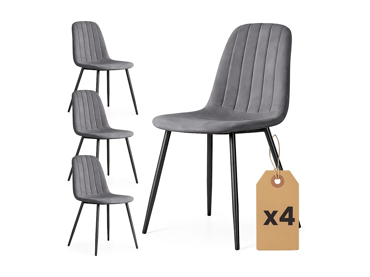 Set van 4 Eetkamerstoelen LUMO / Gestoffeerde Stoelen / Fluwelen Stoelen en Metalen Poten / Antraciet met zwarte benen