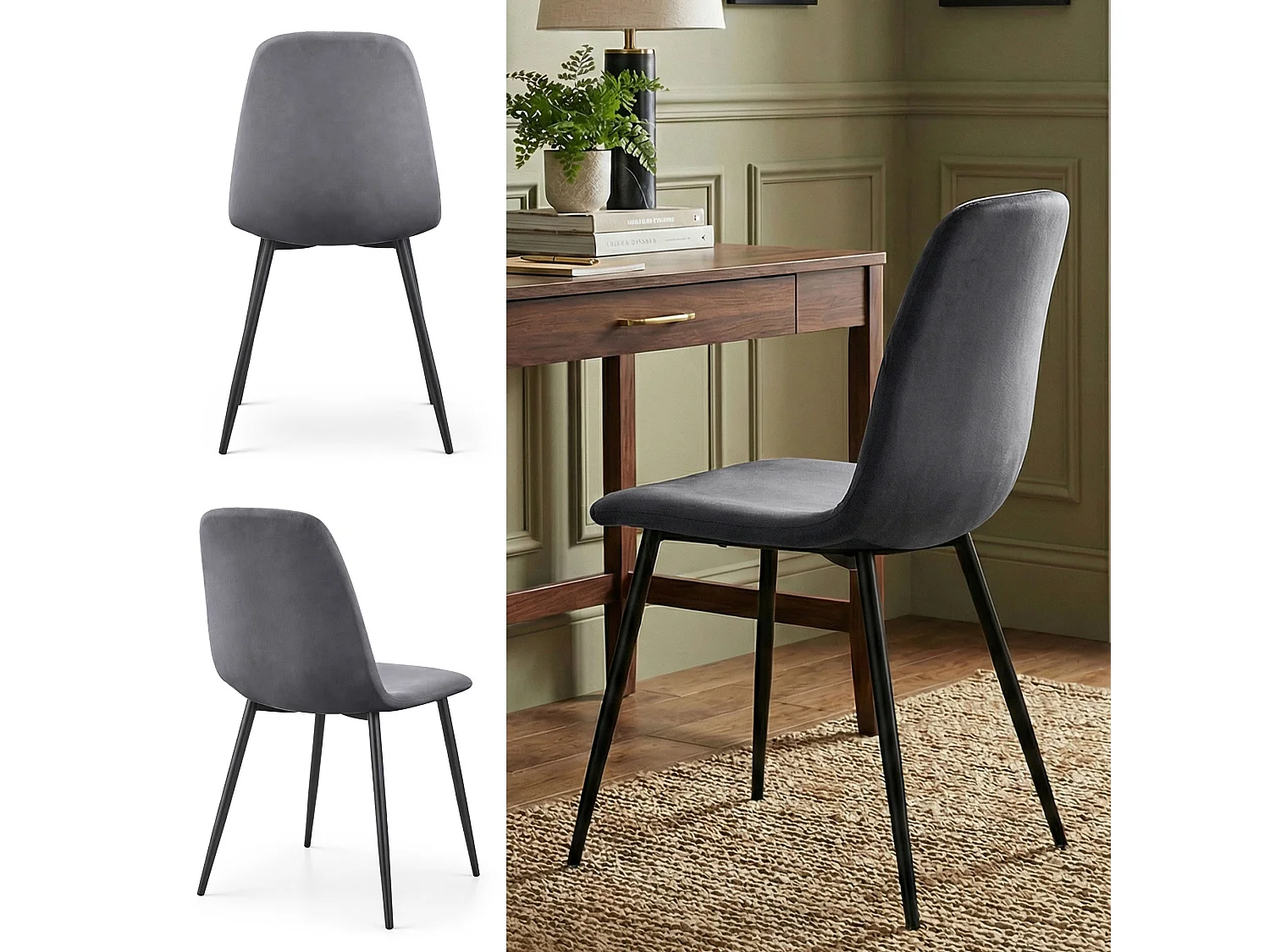 Set van 4 Eetkamerstoelen LUMO / Gestoffeerde Stoelen / Fluwelen Stoelen en Metalen Poten / Antraciet met zwarte benen