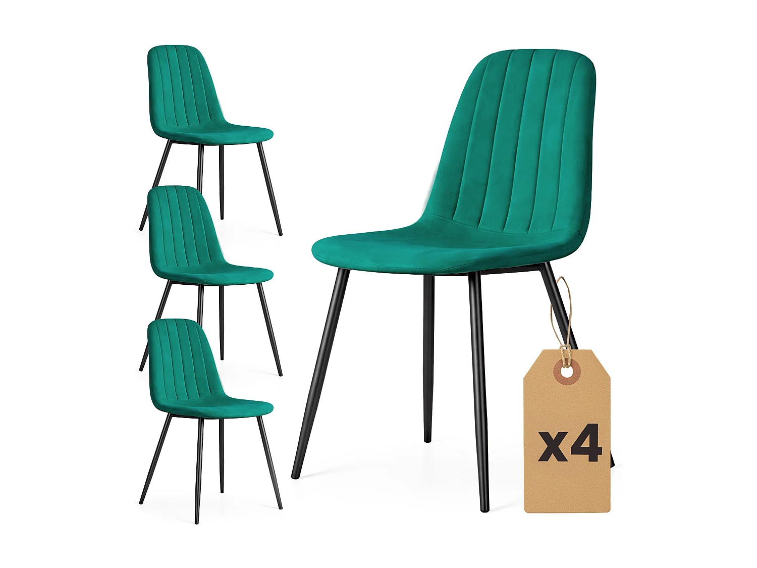 4er Set Samt-Polsterstühle, gesteppt LUMO Flaschengrün mit schwarzen Beinen