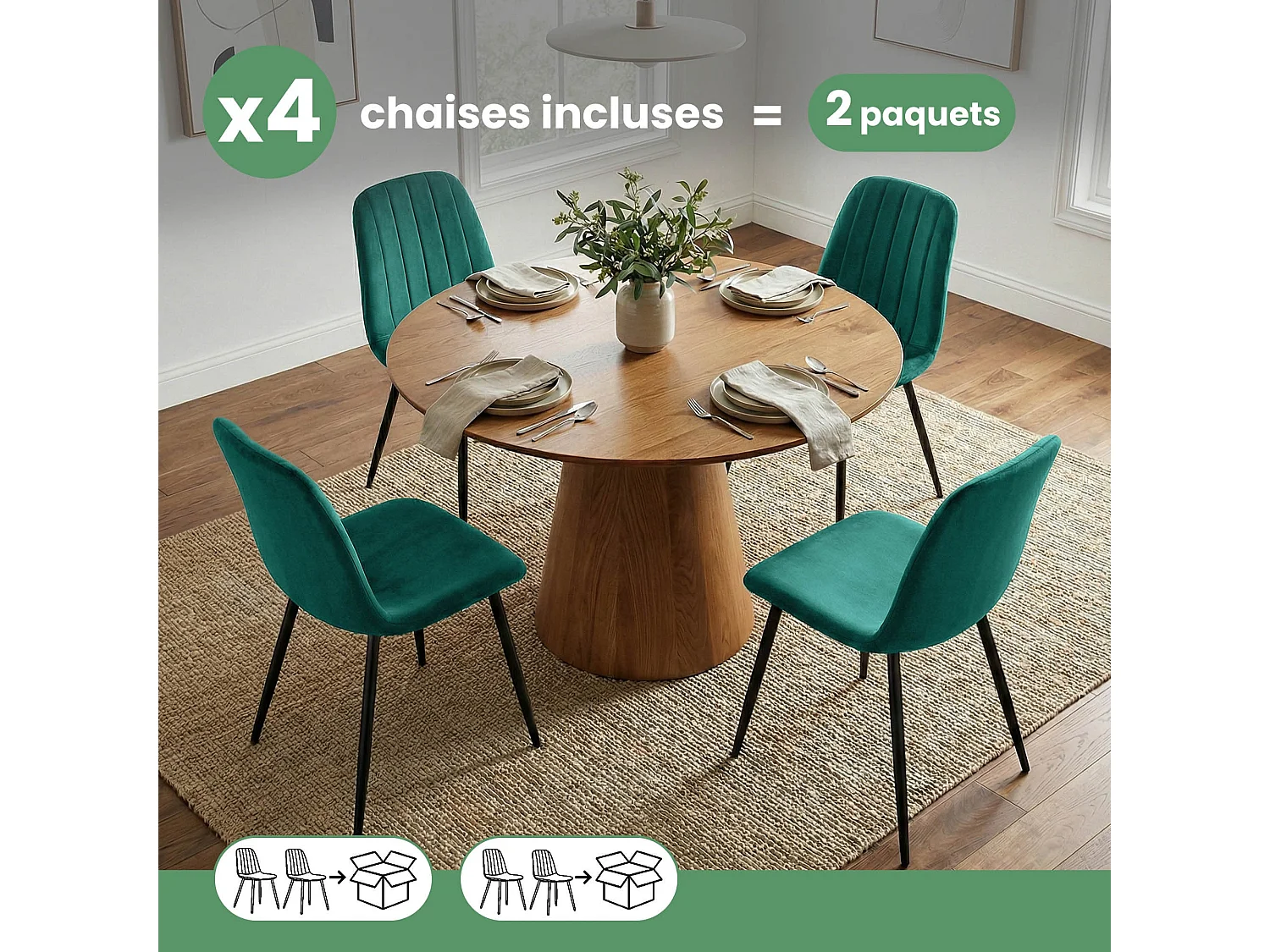 4er Set Samt-Polsterstühle, gesteppt LUMO Flaschengrün mit schwarzen Beinen