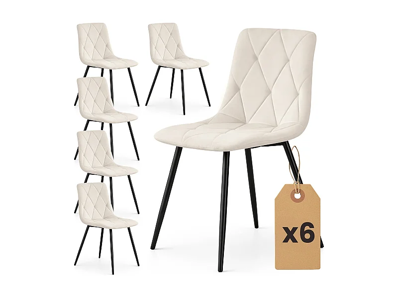 Set van 6 Eetkamerstoelen MILO / Gestoffeerde Stoelen / Fluwelen Stoelen en Metalen Poten / Beige met zwarte benen