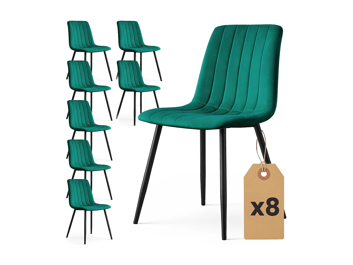 Lot de 8 Chaises en velours matelassées LIVO Vert Bouteille pieds noirs