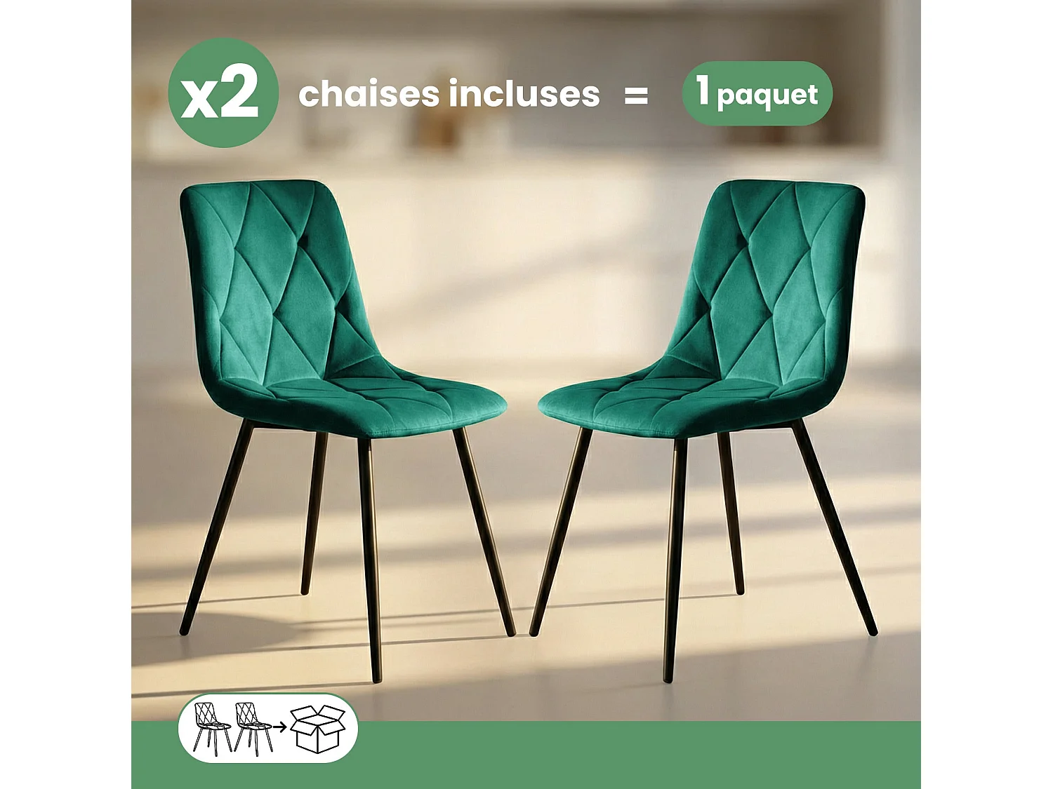 Set di 2 Sedie in velluto trapuntate MILO Verde Bottiglia gambe nere