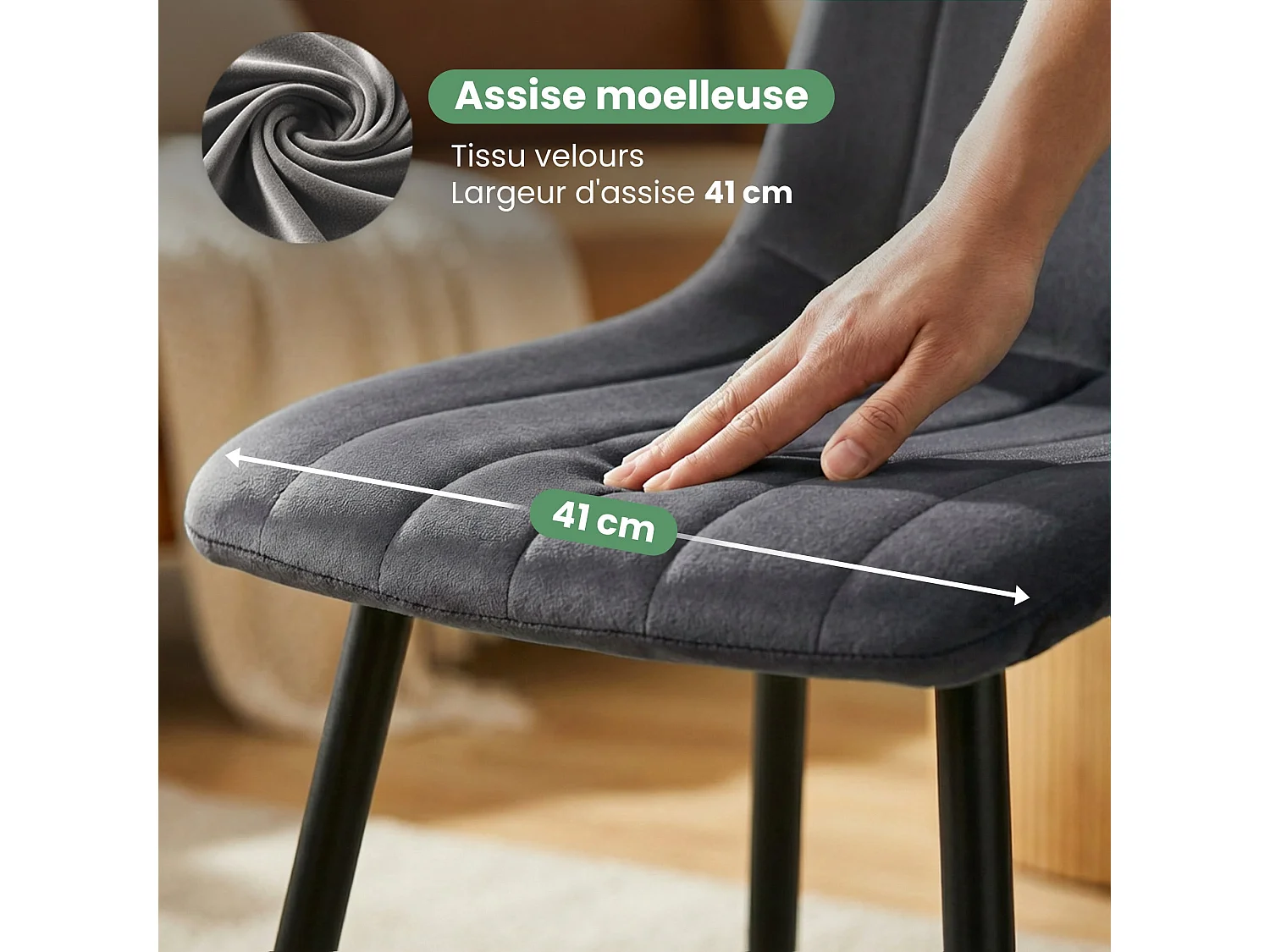 Chaise en velours matelassée LIVO Graphite Foncé pieds noirs