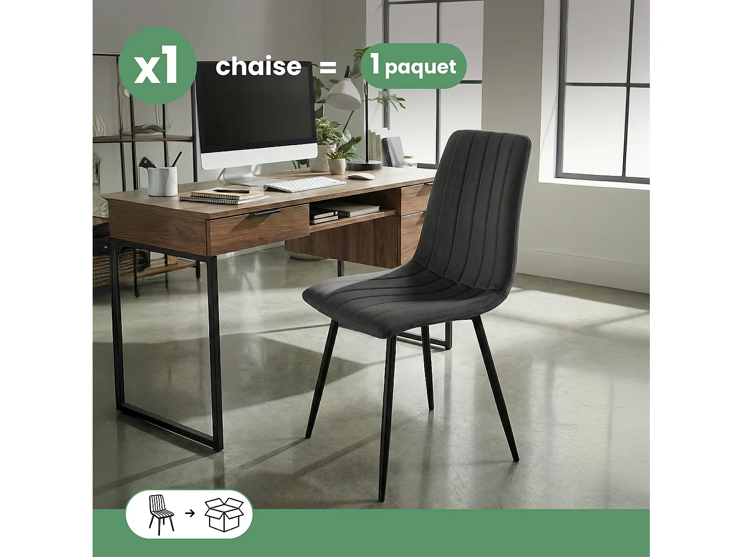 Chaise en velours matelassée LIVO Graphite Foncé pieds noirs