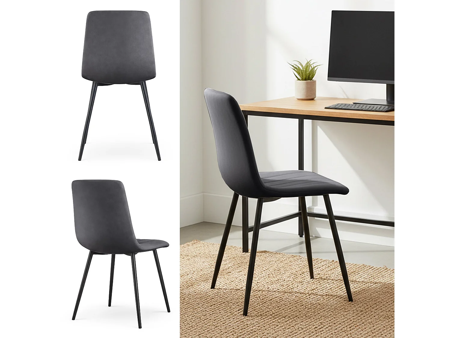 Chaise en velours matelassée LIVO Graphite Foncé pieds noirs