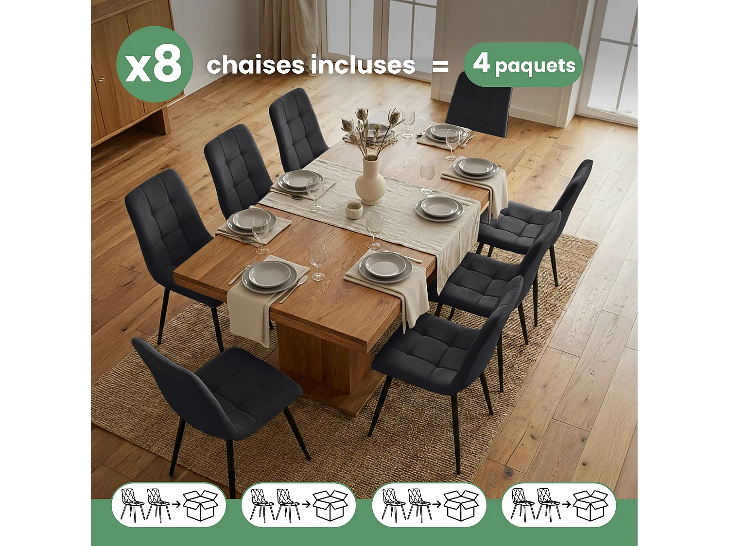 8x Welurowe krzesło tapicerowane pikowane Czarne NERO Czarne nogi