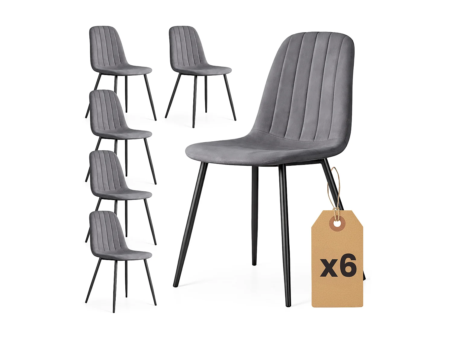 Set van 6 Eetkamerstoelen LUMO / Gestoffeerde Stoelen / Fluwelen Stoelen en Metalen Poten / Antraciet met zwarte benen