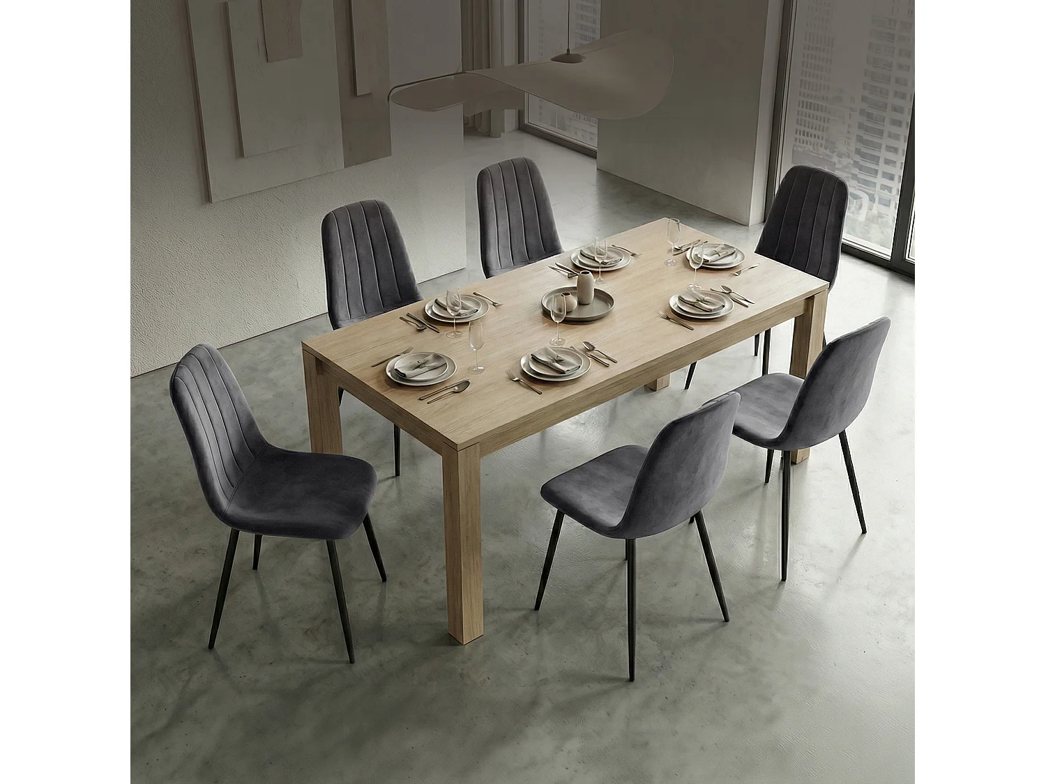 Set van 6 Eetkamerstoelen LUMO / Gestoffeerde Stoelen / Fluwelen Stoelen en Metalen Poten / Antraciet met zwarte benen