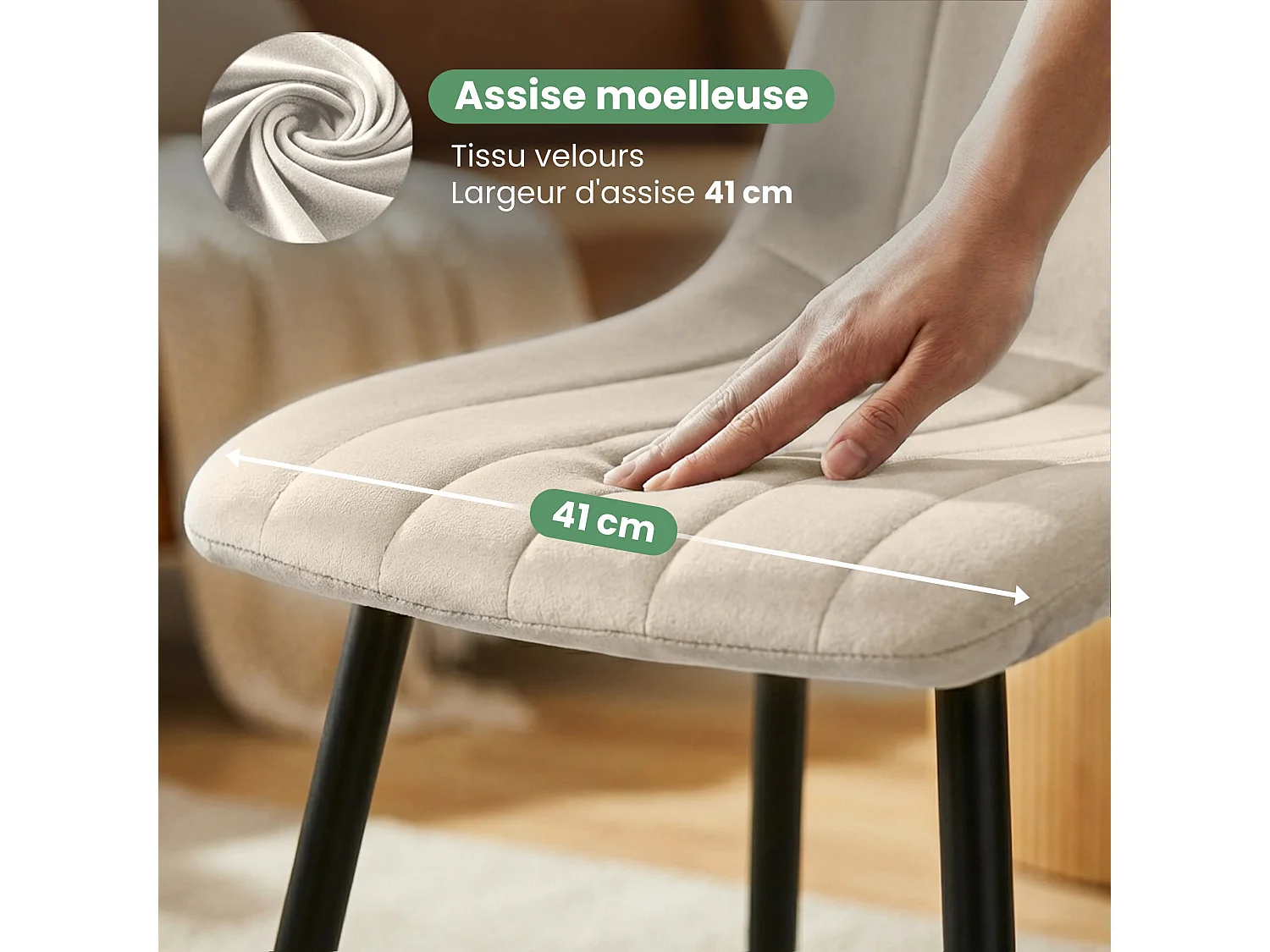 4er Set Samt-Polsterstühle, gesteppt LIVO Beige mit schwarzen Beinen