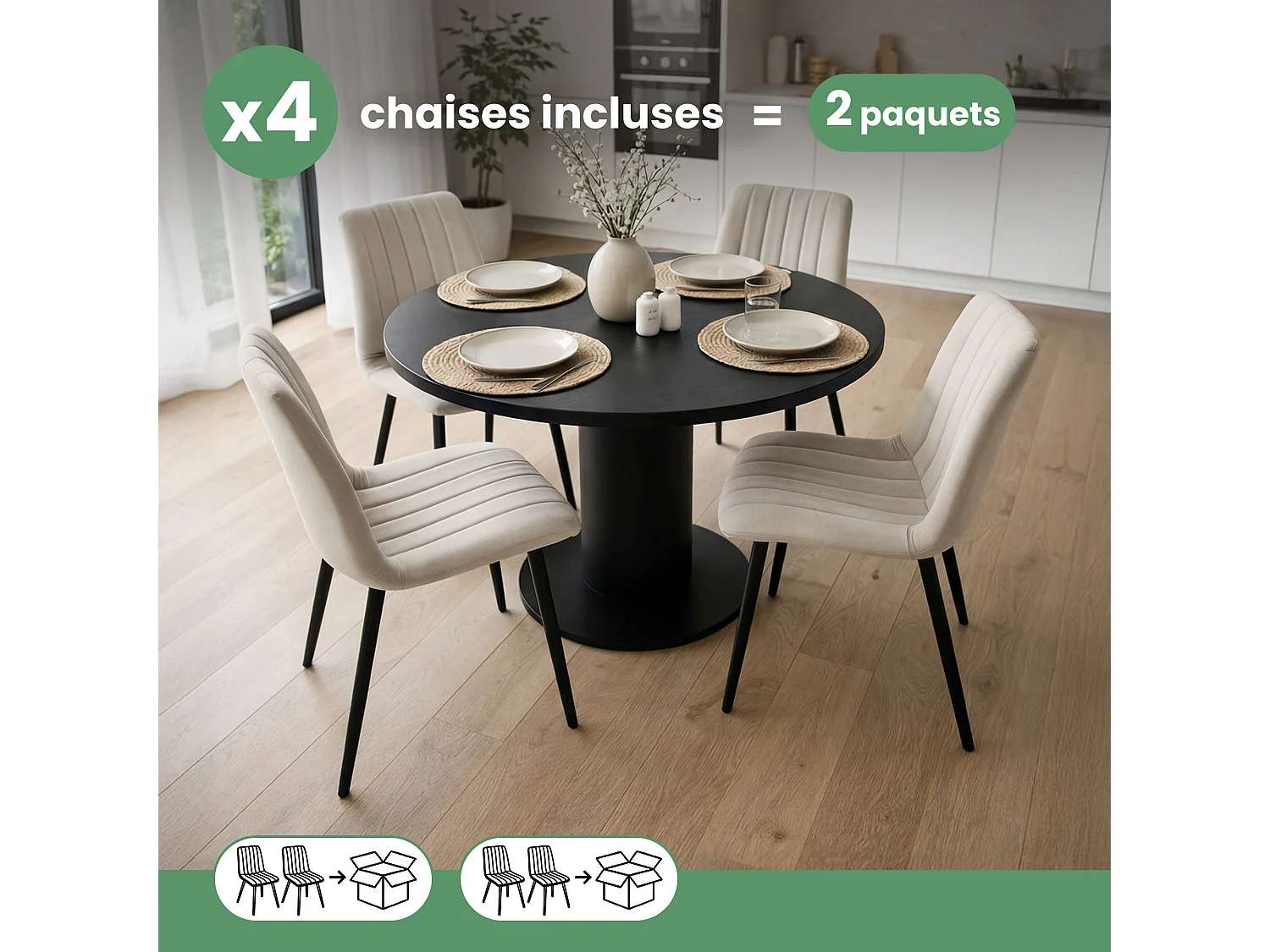 4er Set Samt-Polsterstühle, gesteppt LIVO Beige mit schwarzen Beinen