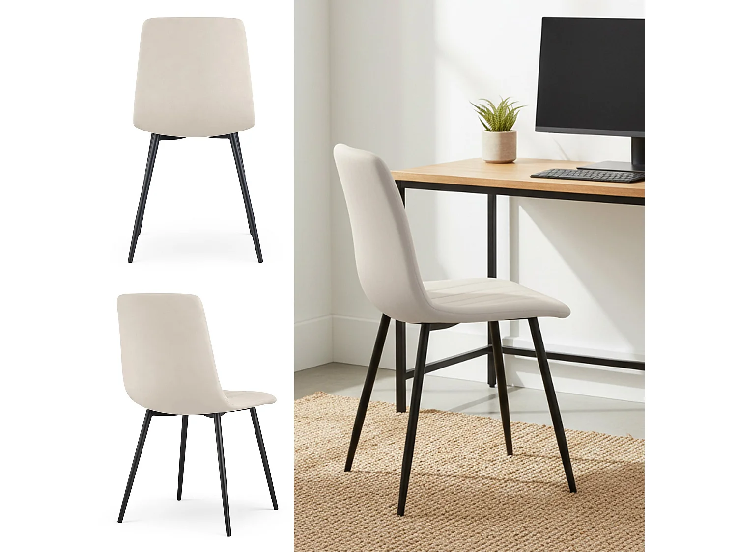 4er Set Samt-Polsterstühle, gesteppt LIVO Beige mit schwarzen Beinen