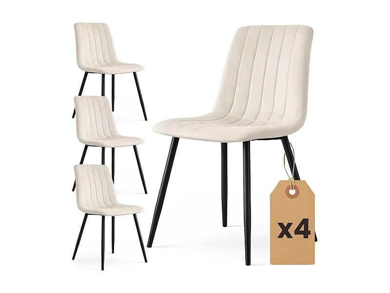 4er Set Samt-Polsterstühle, gesteppt LIVO Beige mit schwarzen Beinen