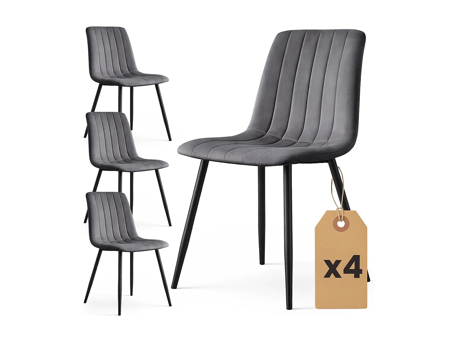 4er Set Samt-Polsterstühle, gesteppt LIVO Dunkelgrau mit schwarzen Beinen