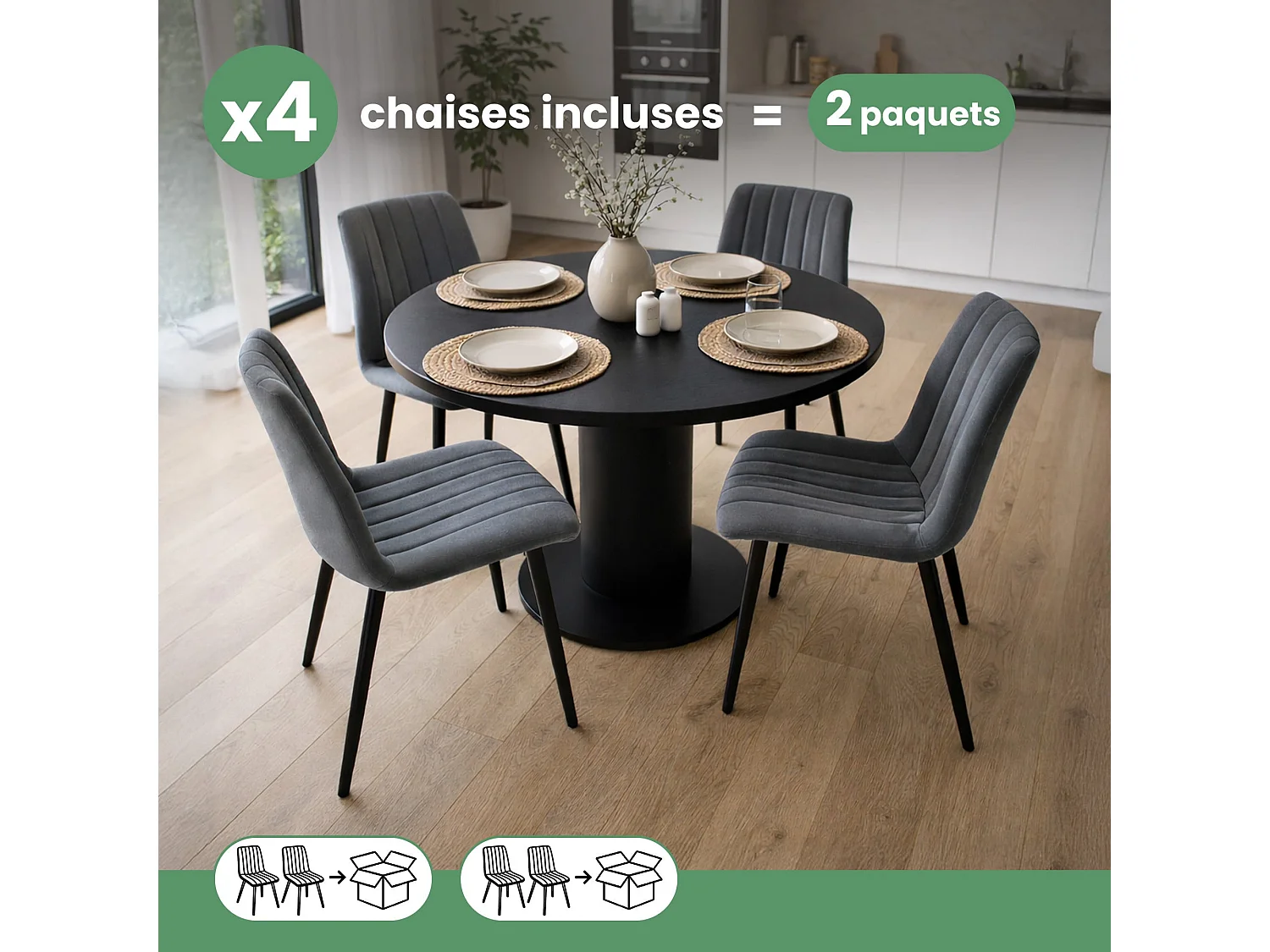 4er Set Samt-Polsterstühle, gesteppt LIVO Dunkelgrau mit schwarzen Beinen