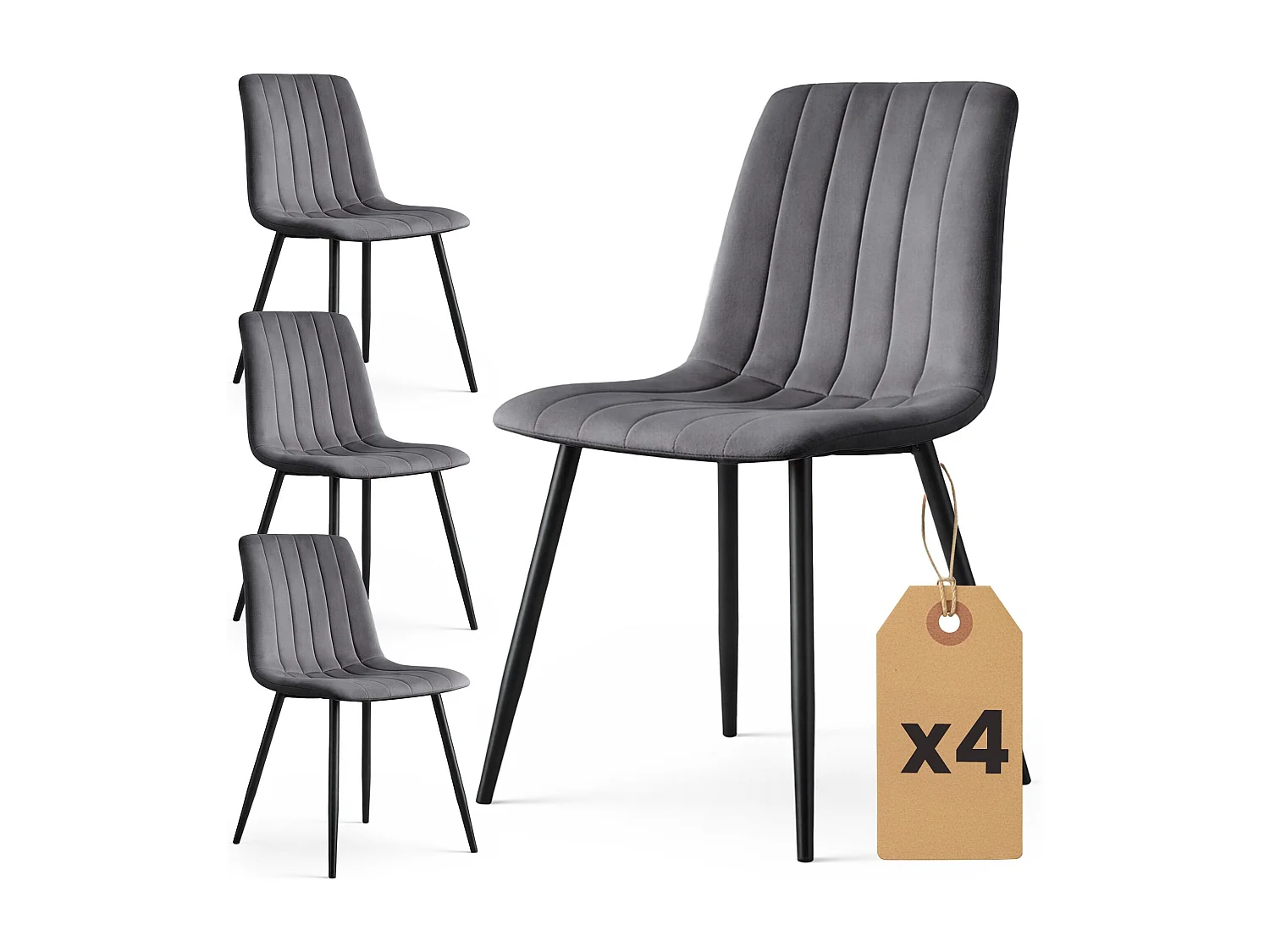 Lot de 4 Chaises en velours matelassées LIVO Graphite Foncé pieds noirs
