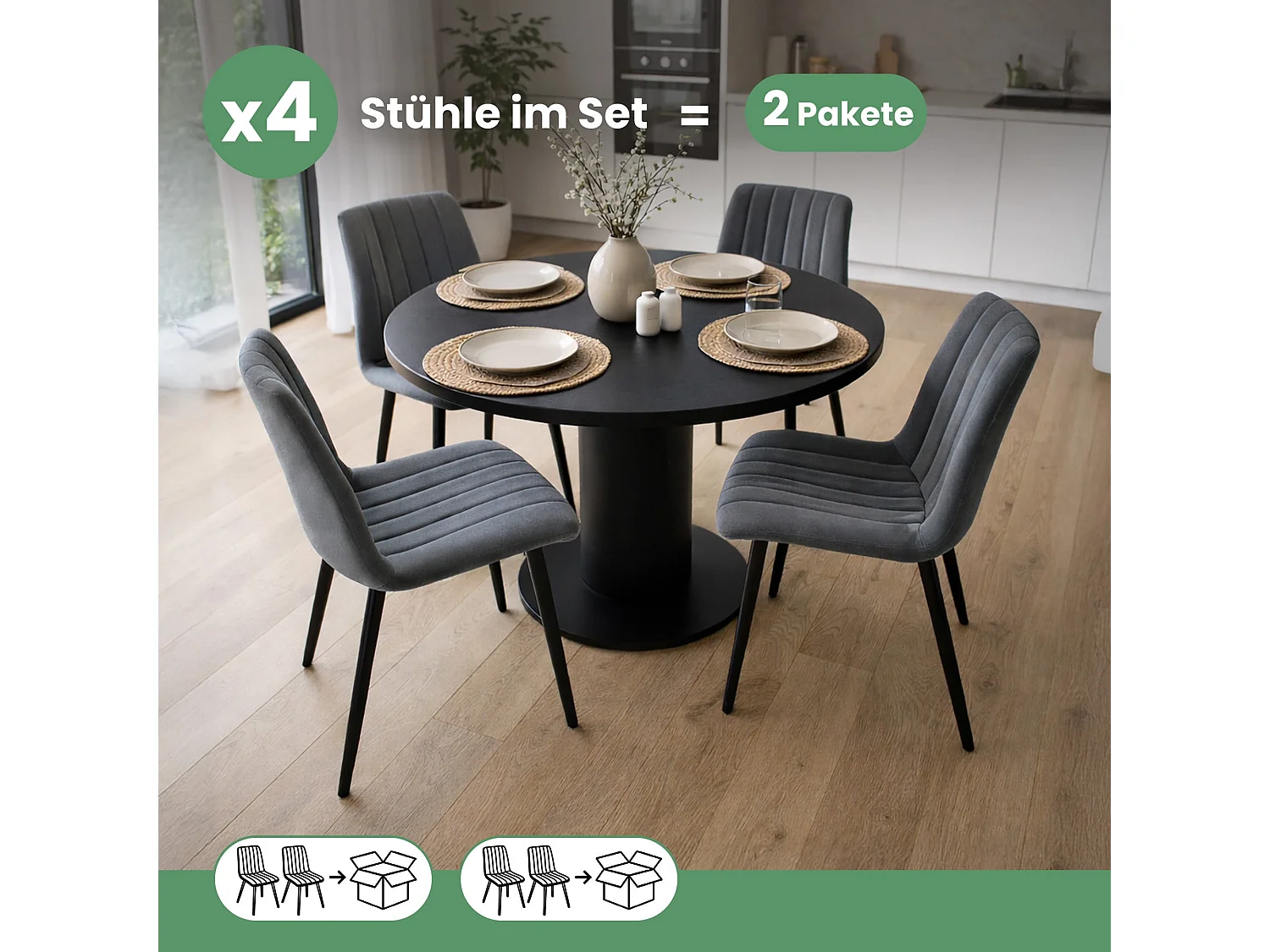 Lot de 4 Chaises en velours matelassées LIVO Graphite Foncé pieds noirs