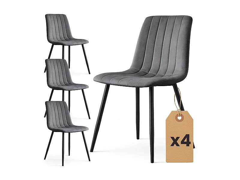 4er Set Samt-Polsterstühle, gesteppt LIVO Dunkelgrau mit schwarzen Beinen