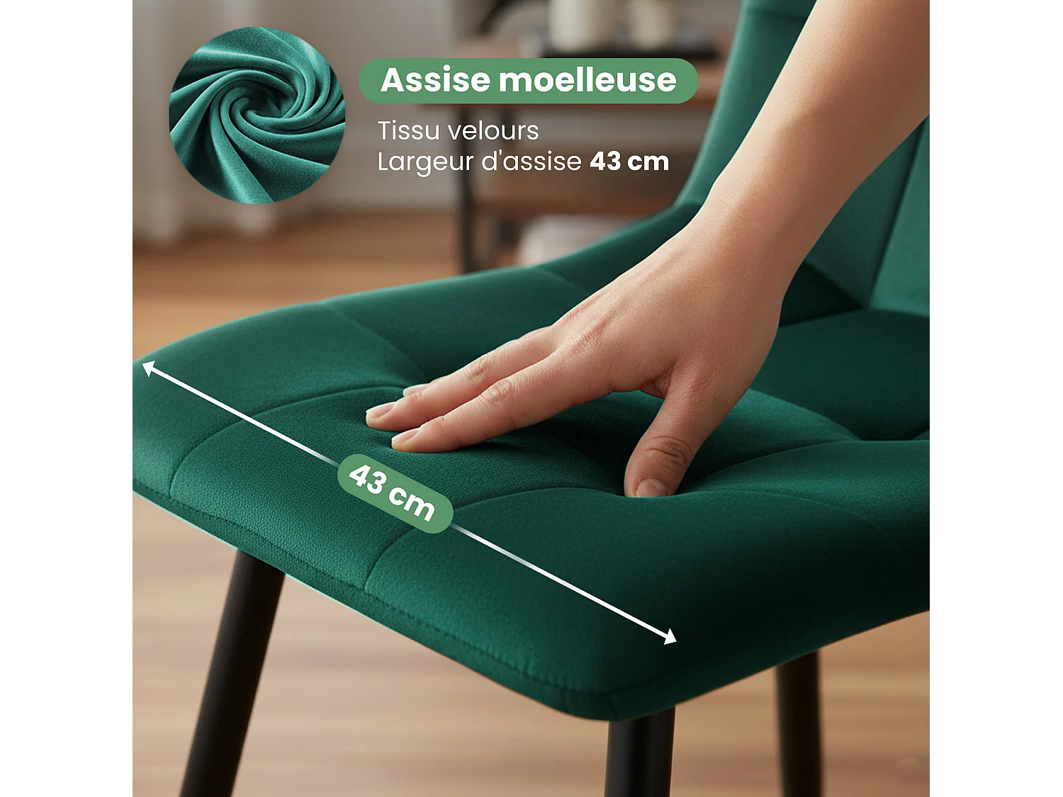 4er Set Samt-Polsterstühle, gesteppt NERO Flaschengrün mit schwarzen Beinen