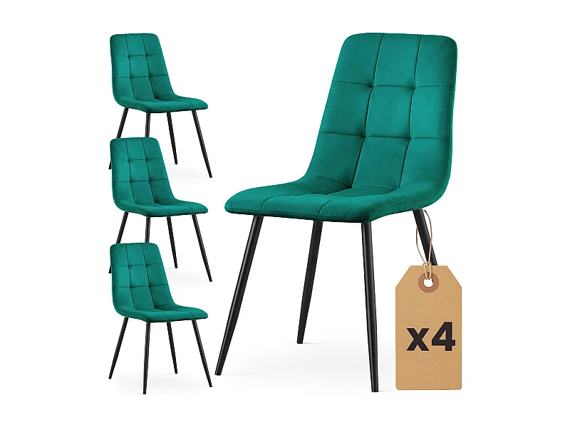 4er Set Samt-Polsterstühle, gesteppt NERO Flaschengrün mit schwarzen Beinen