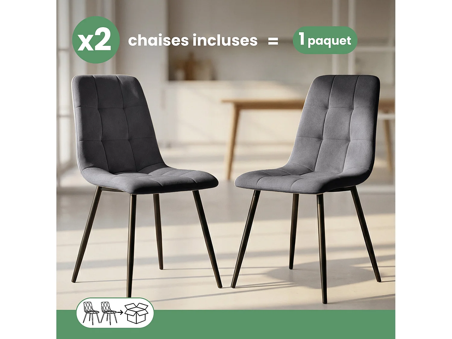 2x Welurowe krzesło tapicerowane pikowane Ciemny Grafit NERO Czarne nogi