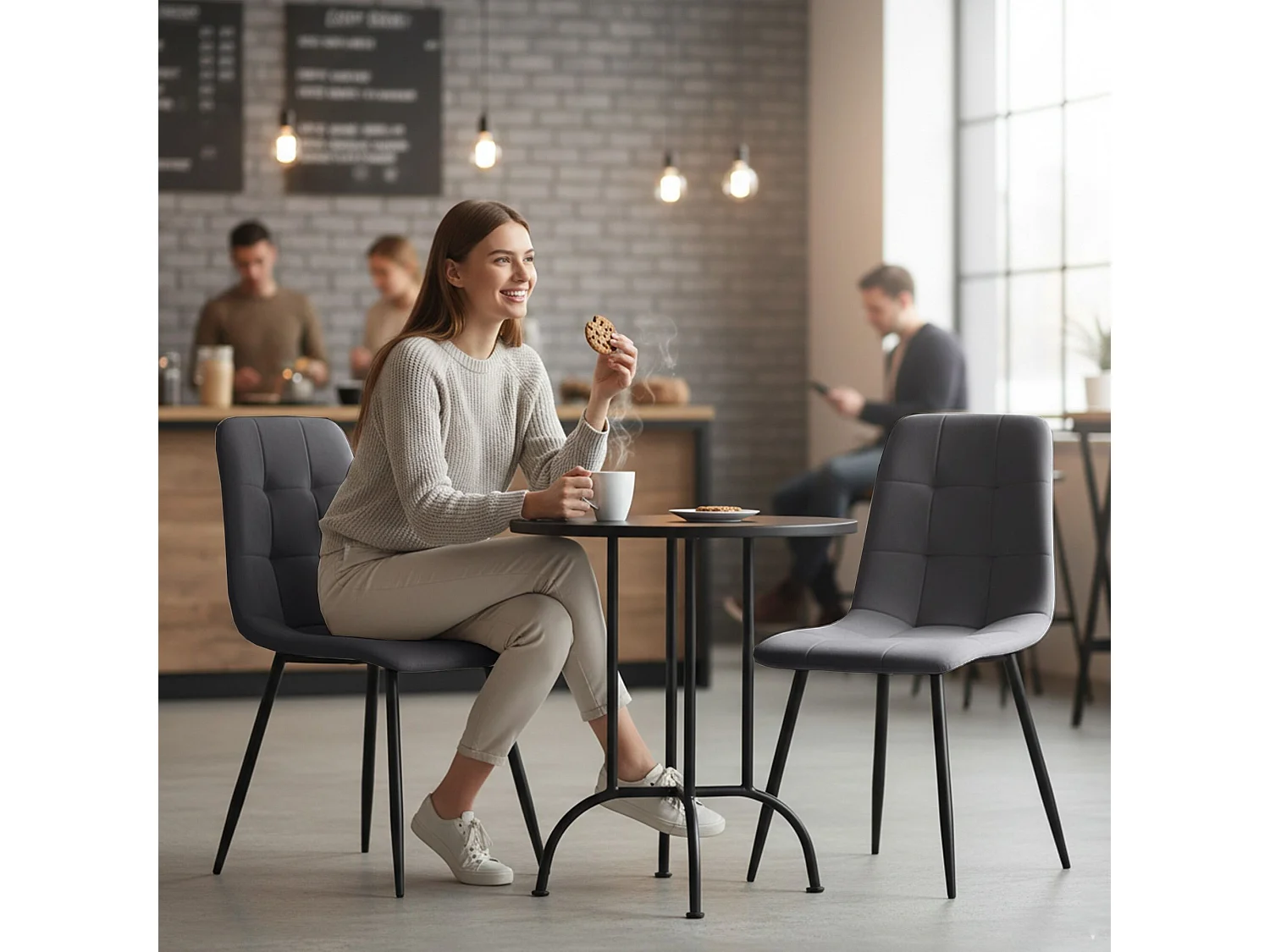 Set van 2 Eetkamerstoelen NERO / Gestoffeerde Stoelen / Fluwelen Stoelen en Metalen Poten / Antraciet met zwarte benen