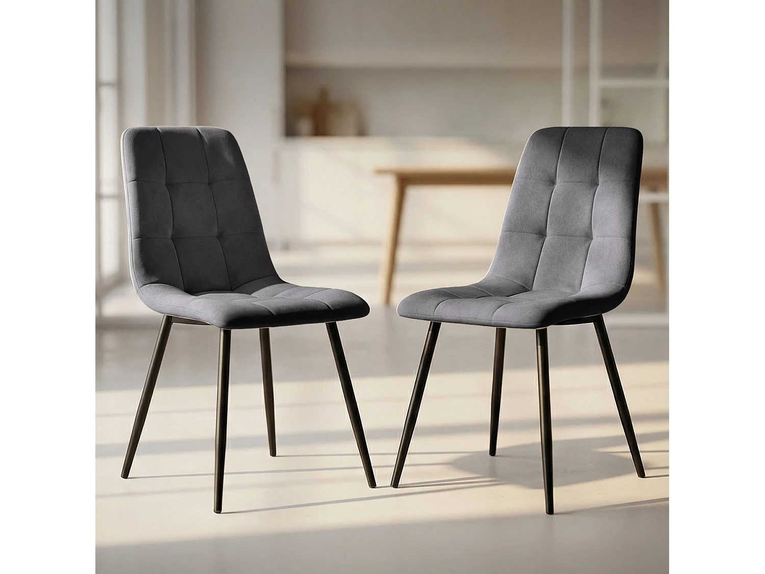 Set van 2 Eetkamerstoelen NERO / Gestoffeerde Stoelen / Fluwelen Stoelen en Metalen Poten / Antraciet met zwarte benen