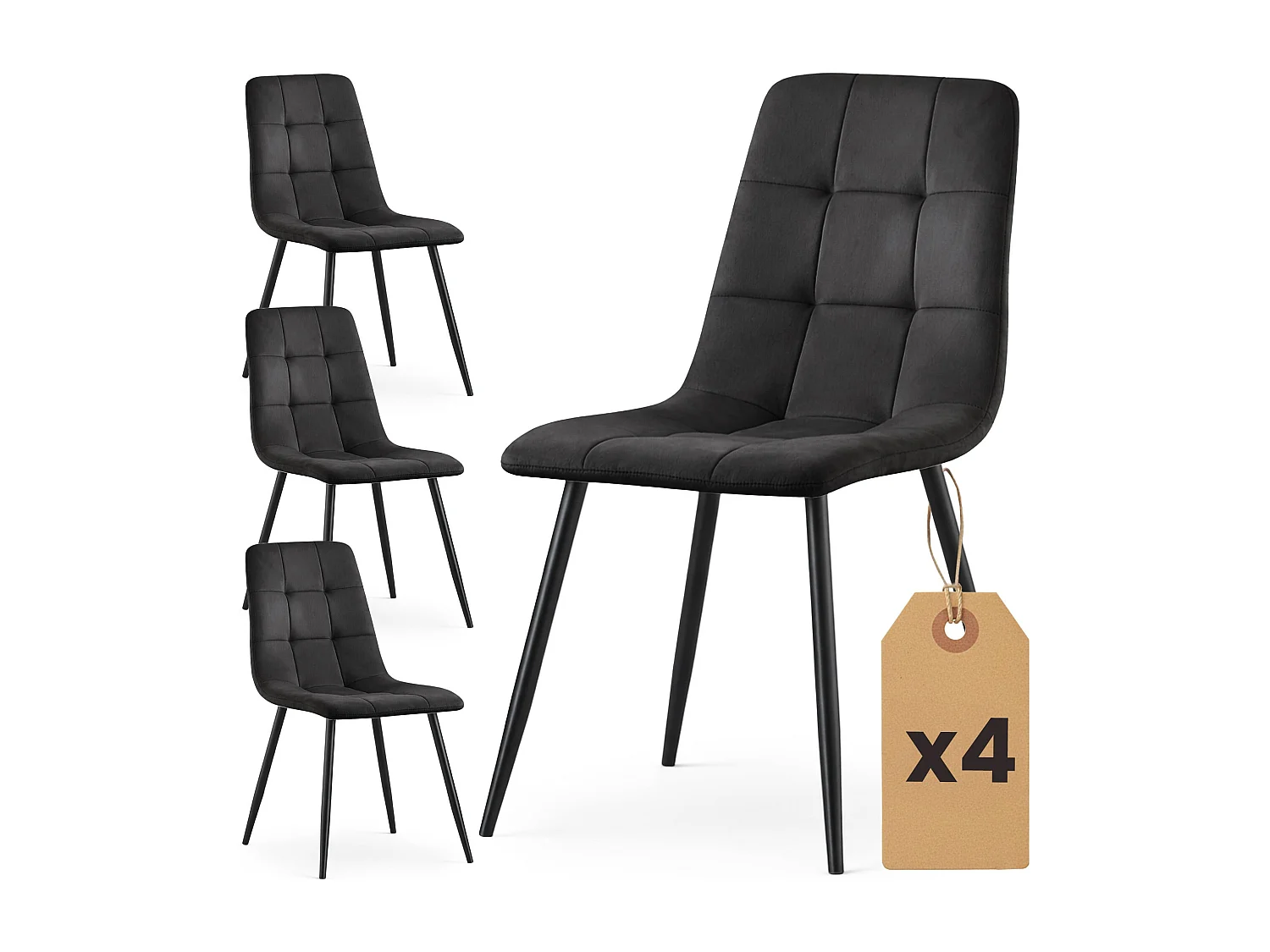 4er Set Samt-Polsterstühle, gesteppt NERO Schwarz mit schwarzen Beinen