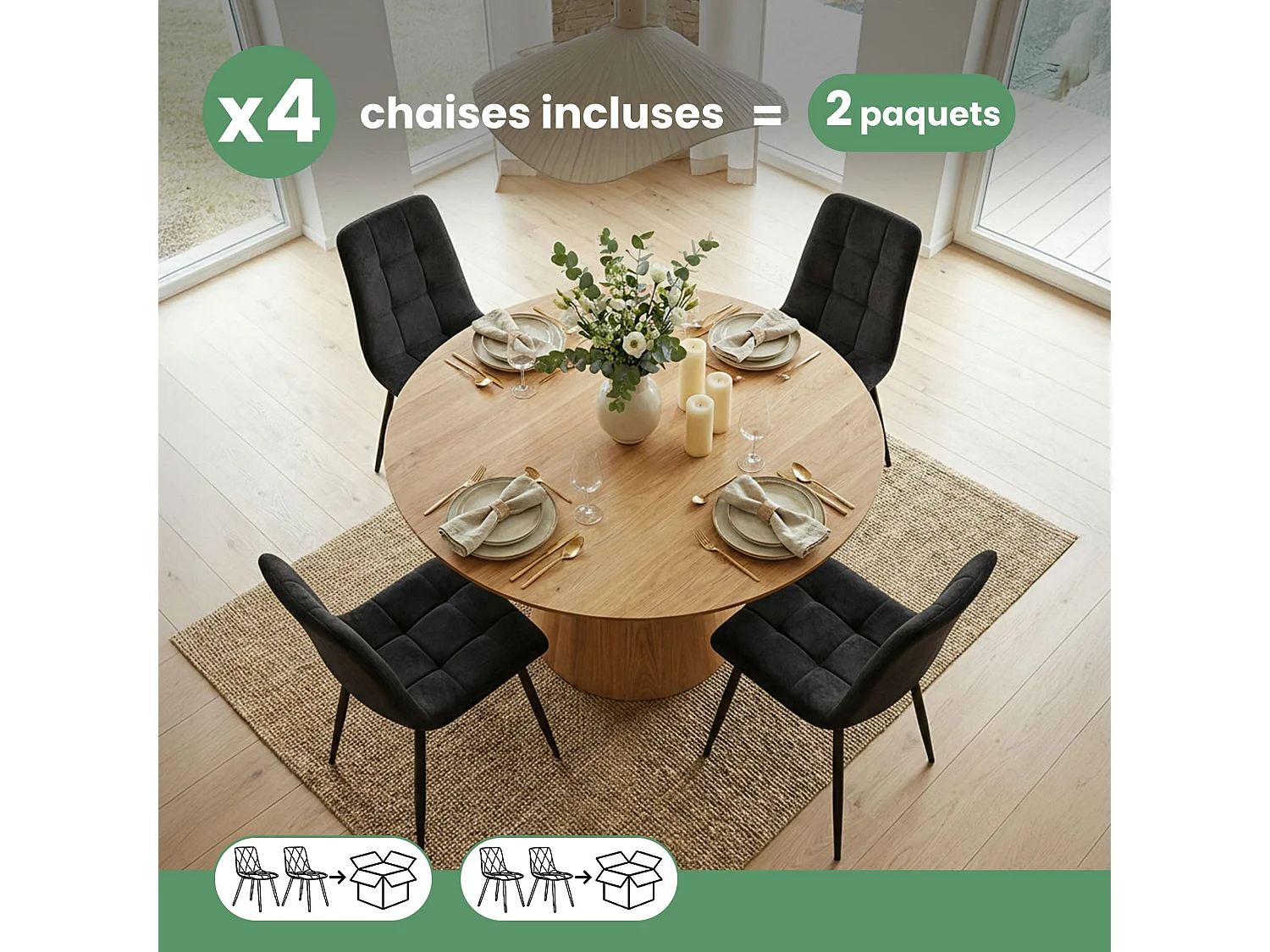 4er Set Samt-Polsterstühle, gesteppt NERO Schwarz mit schwarzen Beinen