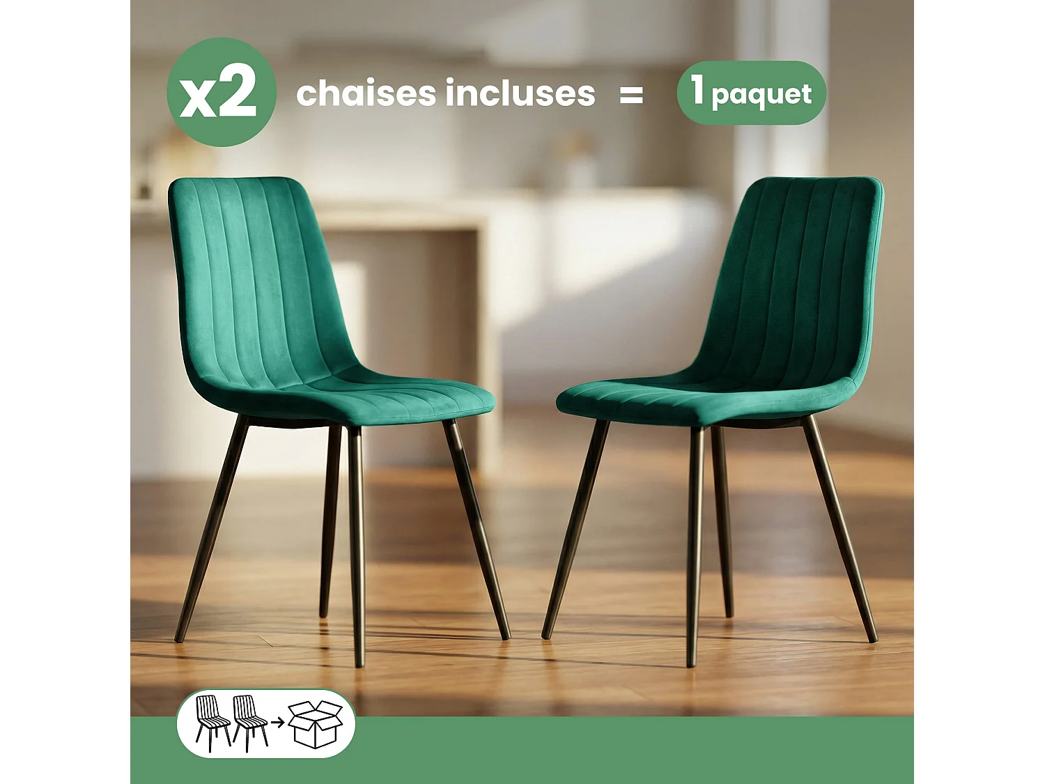 2x Welurowe krzesło tapicerowane pikowane Butelkowa Zieleń LIVO Czarne nogi