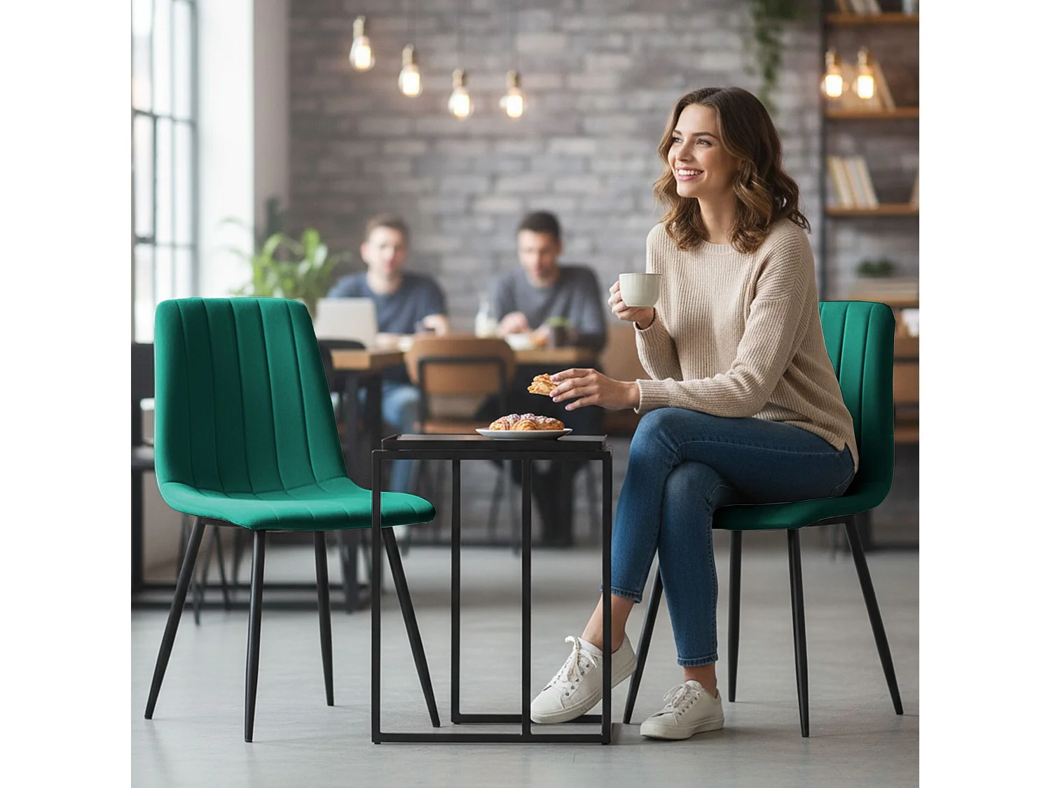 Conjunto de 2 cadeiras de veludo acolchoadas LIVO Verde Garrafa pernas pretas