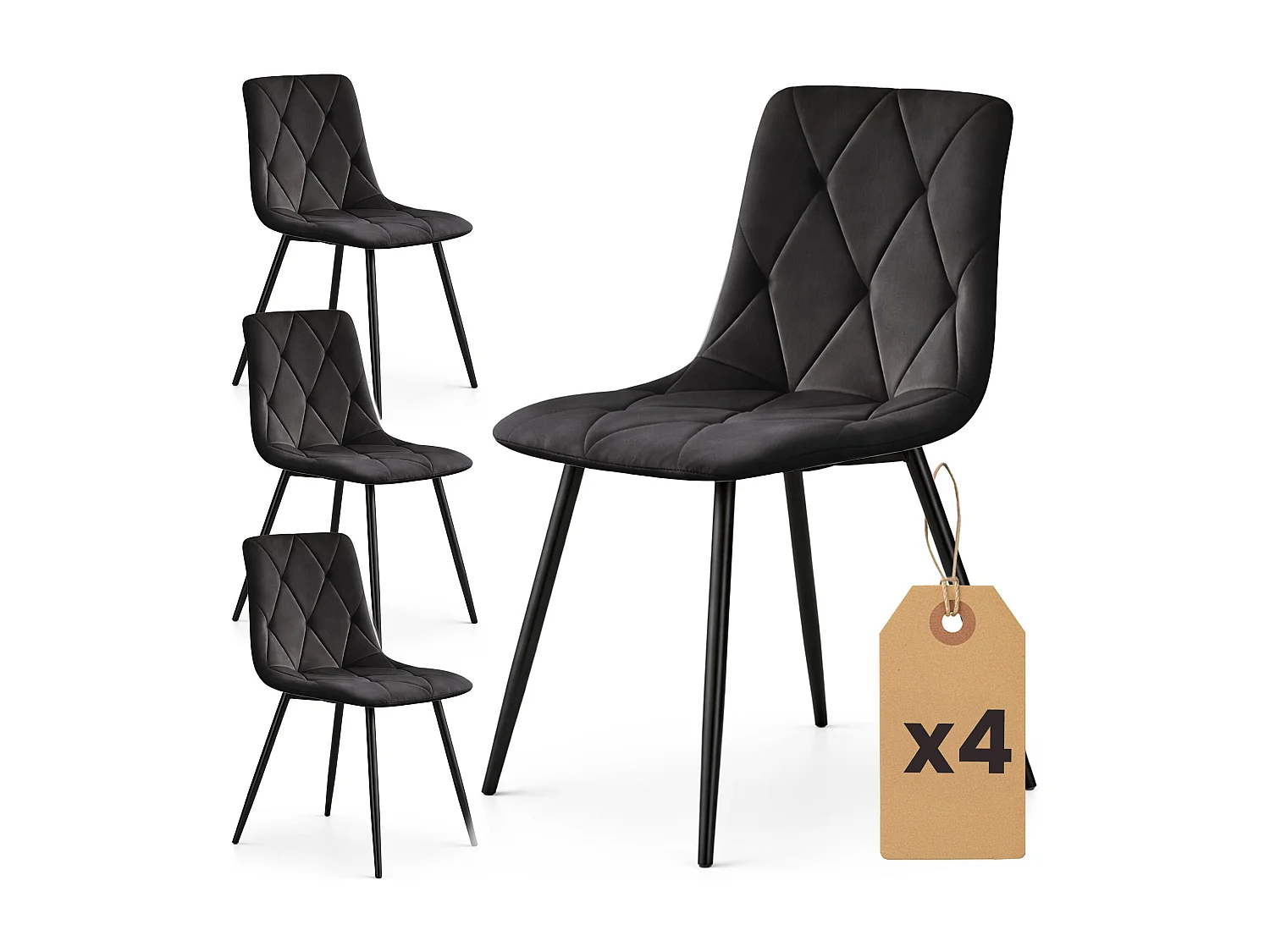 4er Set Samt-Polsterstühle, gesteppt MILO Schwarz mit schwarzen Beinen