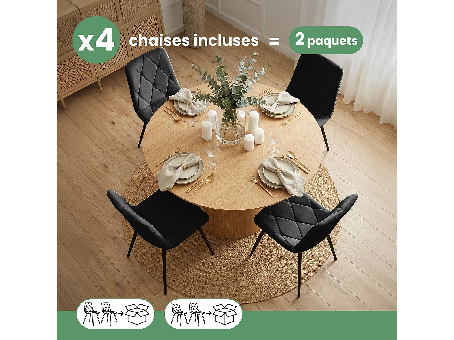 4er Set Samt-Polsterstühle, gesteppt MILO Schwarz mit schwarzen Beinen