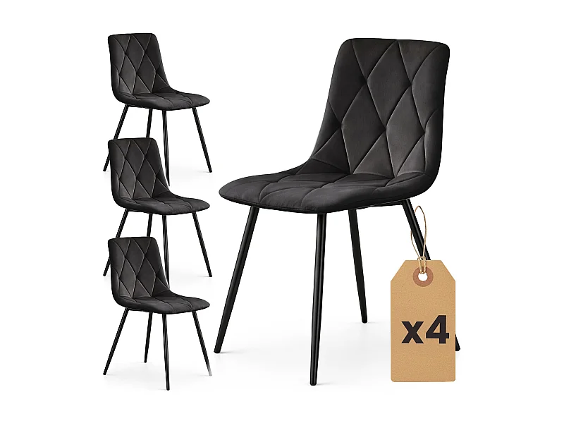 4er Set Samt-Polsterstühle, gesteppt MILO Schwarz mit schwarzen Beinen