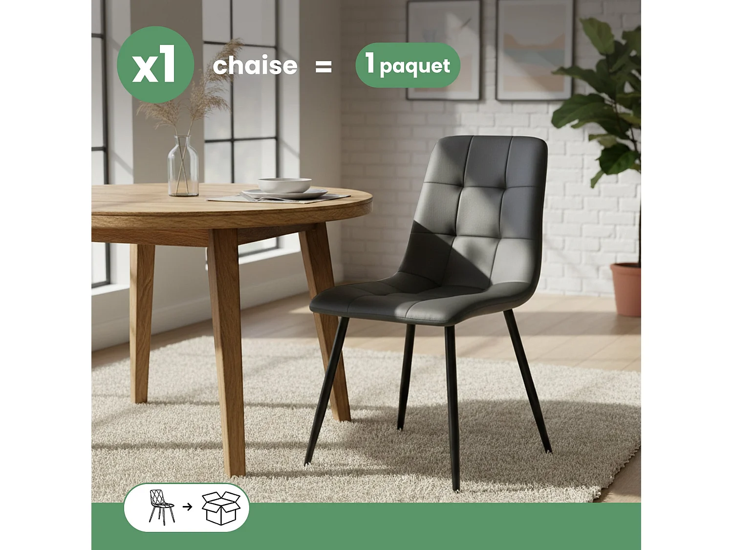 Chaise en velours matelassée NERO Graphite Foncé pieds noirs