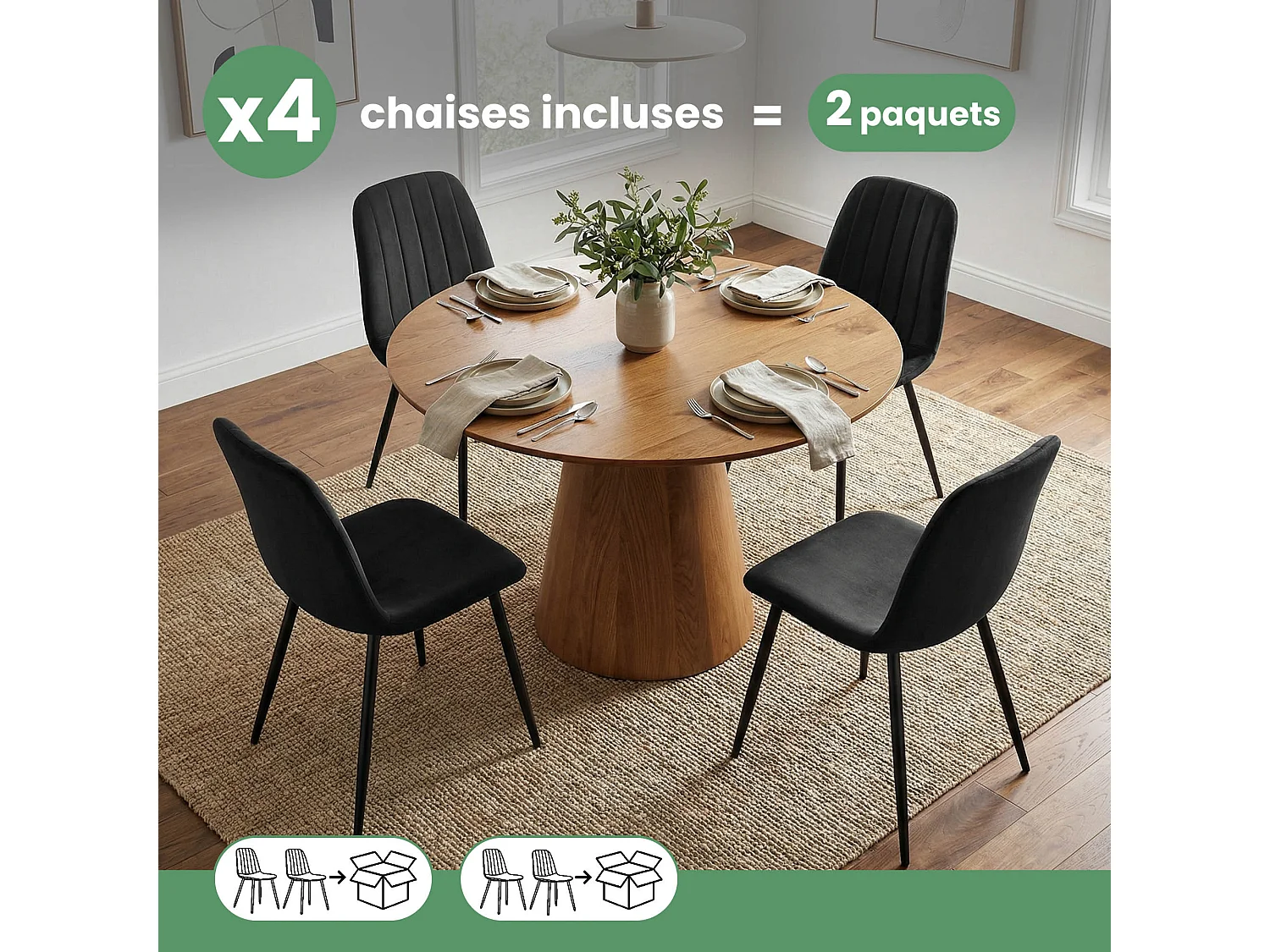 4er Set Samt-Polsterstühle, gesteppt LUMO Schwarz mit schwarzen Beinen