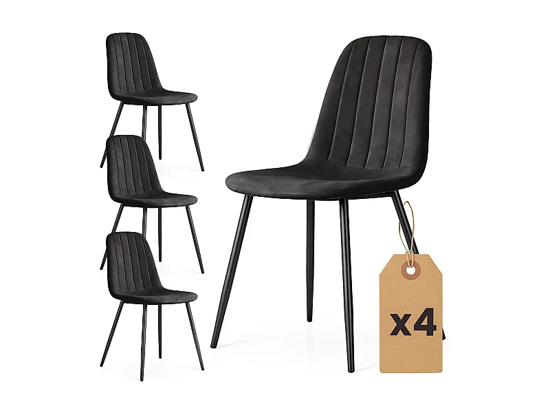 4er Set Samt-Polsterstühle, gesteppt LUMO Schwarz mit schwarzen Beinen