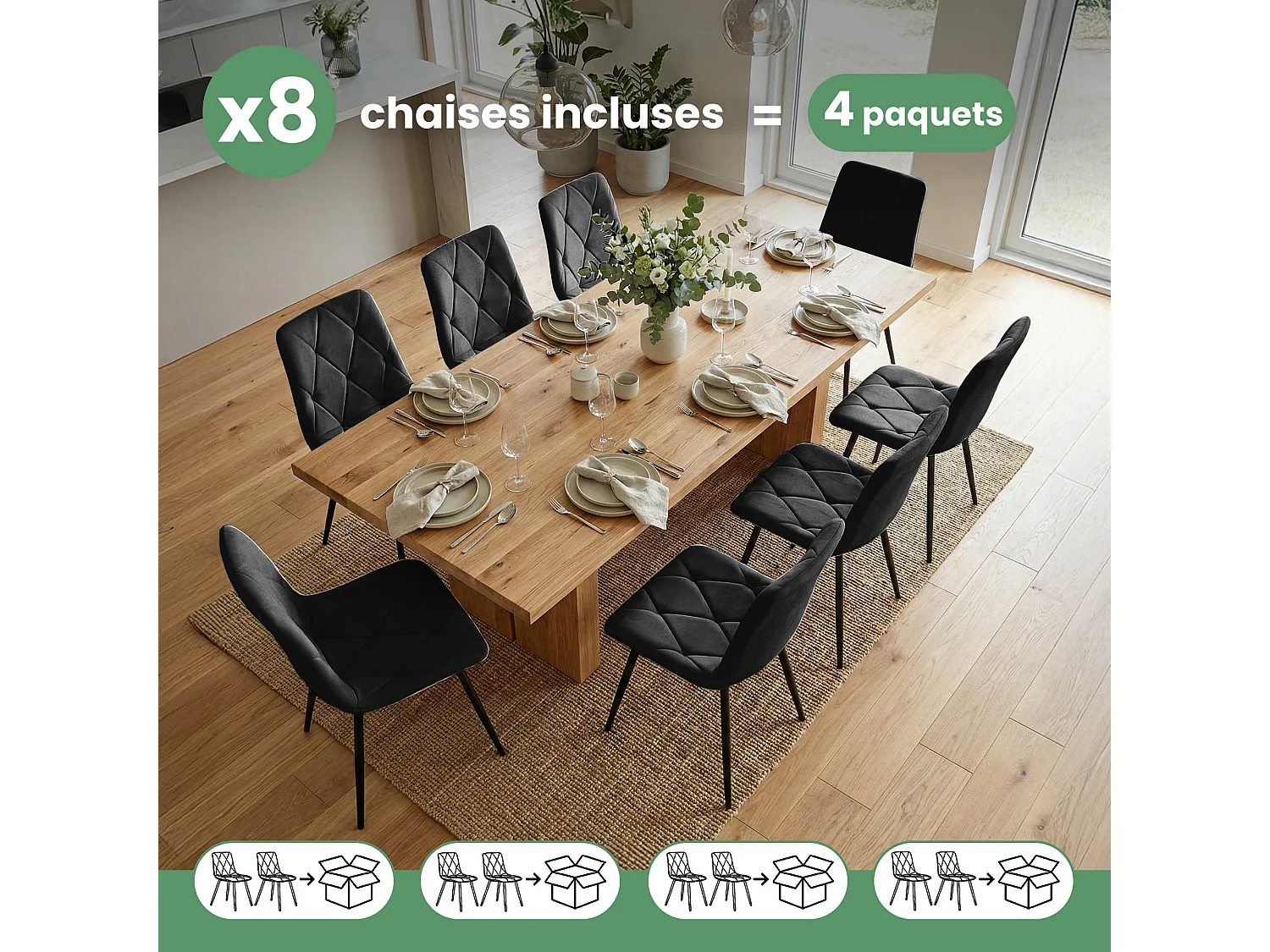 8x Welurowe krzesło tapicerowane pikowane Czarne MILO Czarne nogi