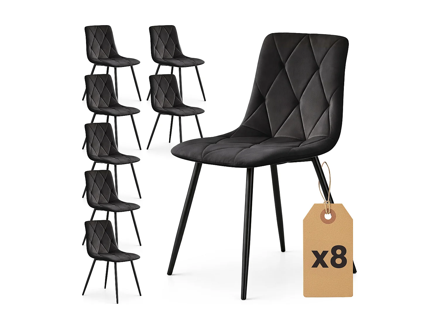 Lot de 8 Chaises en velours matelassées MILO Noires pieds noirs