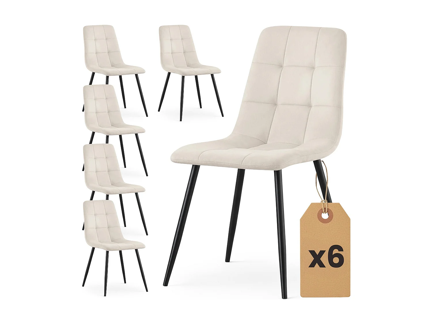 Set van 6 Eetkamerstoelen NERO / Gestoffeerde Stoelen / Fluwelen Stoelen en Metalen Poten / Beige met zwarte benen