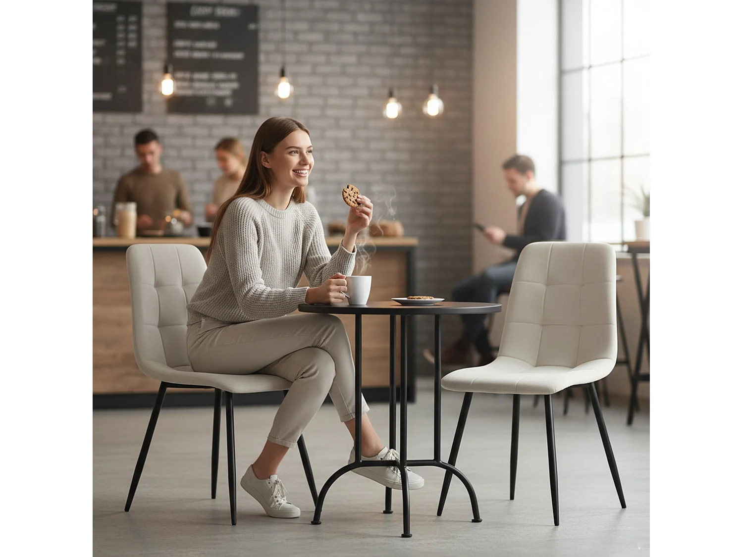 Set van 6 Eetkamerstoelen NERO / Gestoffeerde Stoelen / Fluwelen Stoelen en Metalen Poten / Beige met zwarte benen