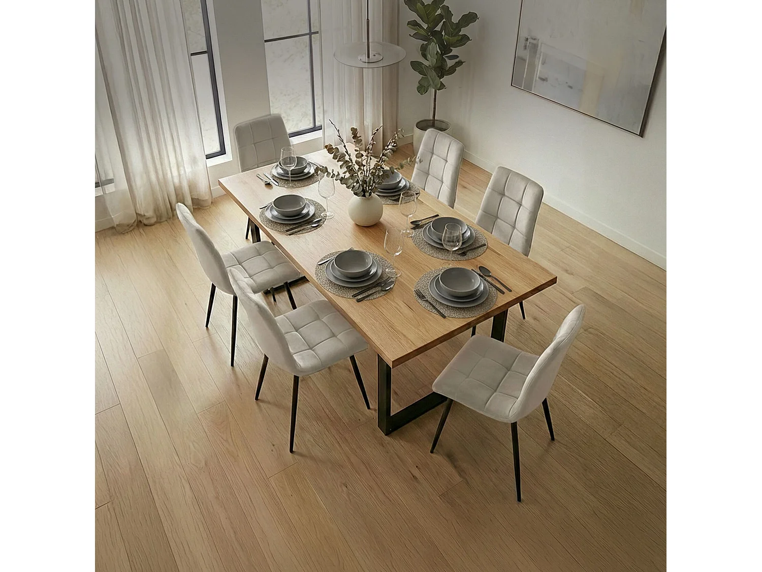 Set van 6 Eetkamerstoelen NERO / Gestoffeerde Stoelen / Fluwelen Stoelen en Metalen Poten / Beige met zwarte benen