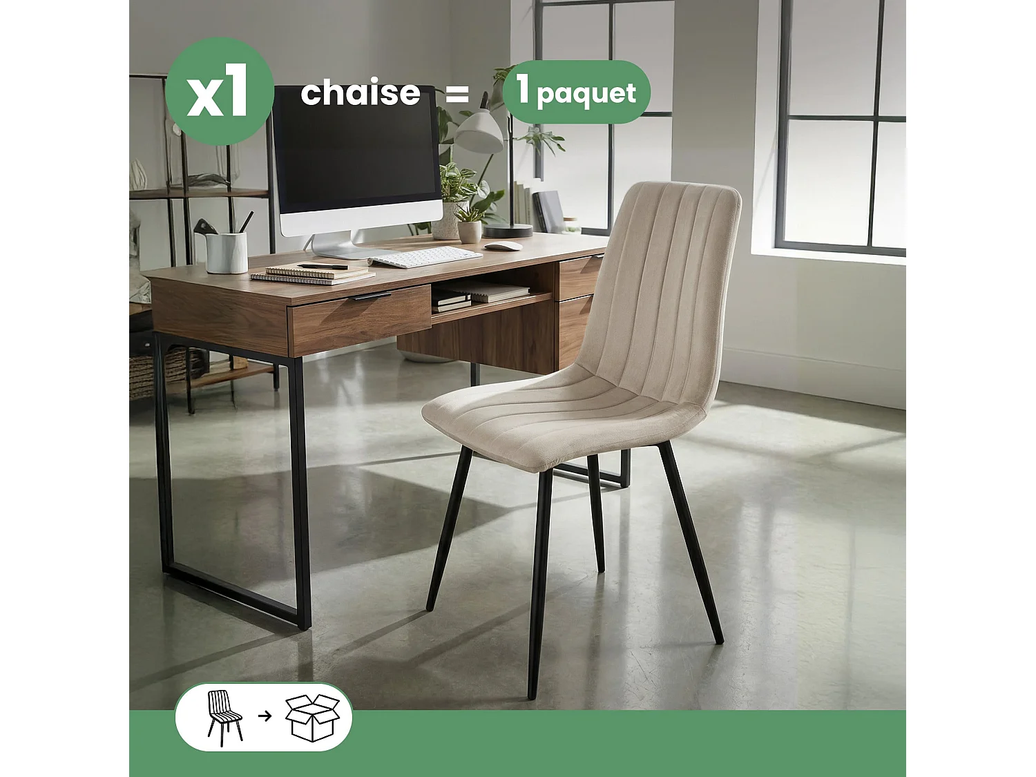 Chaise en velours matelassée LIVO Beige pieds noirs